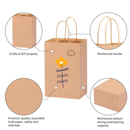 OUTUXED 150pcs Brown Paper Bags with Handles, 5.25x3.2x8in Small Gift Bags - color: Brown 5.25x3.2x8in, size: 1 Count (Pack of 150)