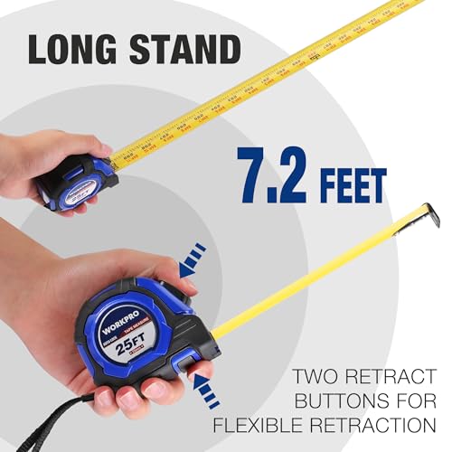 WORKPRO 25FT Auto-Lock Tape Measure, 1/8 Fractions Measuring Tape - color: Blue, size: 7.6 m