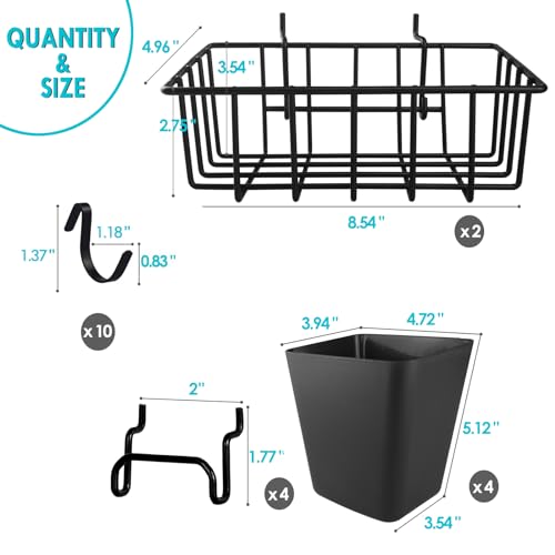 Pegboard Bins Baskets Organizer with Peg Board Hooks Cups - 28 Pack Peg Accessories Fit 1/8" & 1/4" Pegs - Black Holders & Hangers for Garage Craftroom Tool Hanging Display Storage Organization