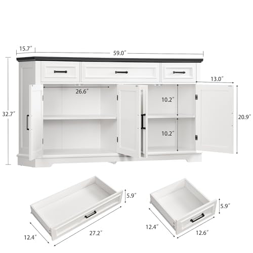 usikey 59” Large Buffet Cabinet with 4 Doors and 3 Drawers, Buffet Sideboard Cabinet with Storage and 2 Adjustable Shelves, Coffee Bar, Wine Bar for Living Room, White - color: White+black -59"w