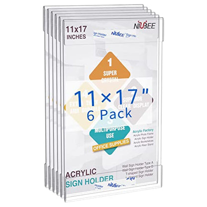 NIUBEE 11x17 Acrylic Sign Holder Wall Mount Clear Frame 6 Pack - size: 11x17"