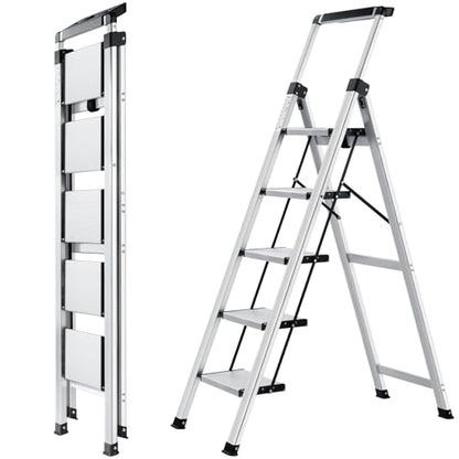 XinSunho 5 Step Ladder, Aluminum Folding Stool with Retractable Handgrip - size: 5 step