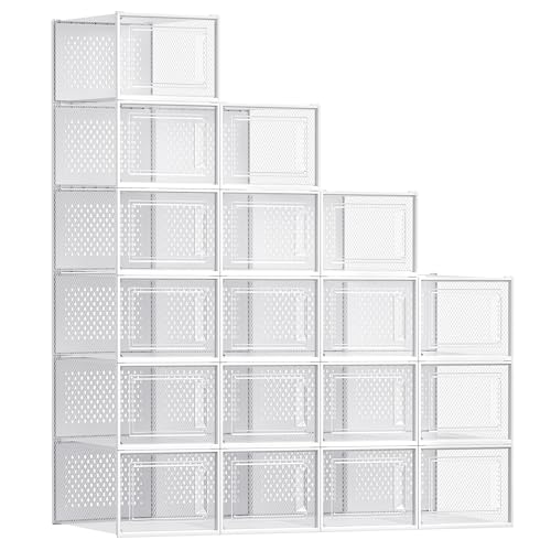 SONGMICS Shoe Boxes, Clear Plastic Sneaker Box, Pack of 18 - color: Transparent + White, size: XXL-18pcs
