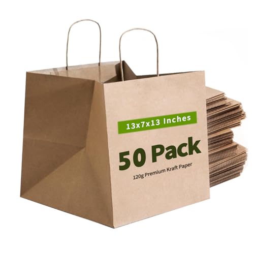 13x7x13 Inch Kraft Paper Large Gift Bags with Handles Bulk-50Pack Recyclable Sturdy Brown Paper Bags for Business, Merchandise, Gifts Bags, Shopping, Retail Stores, Takeout, Birthday Party
