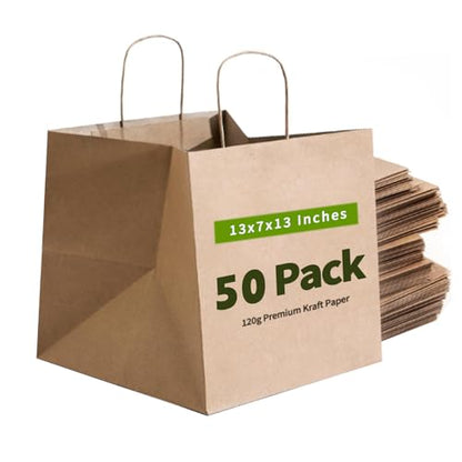 13x7x13 Inch Kraft Paper Large Gift Bags with Handles Bulk-50Pack Recyclable Sturdy Brown Paper Bags for Business, Merchandise, Gifts Bags, Shopping, Retail Stores, Takeout, Birthday Party