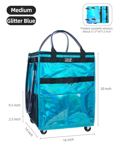 Reusable Grocery Bag with Wheels, Medium Glitter Blue Rolling Tote - color: Glitter Blue, size: Medium