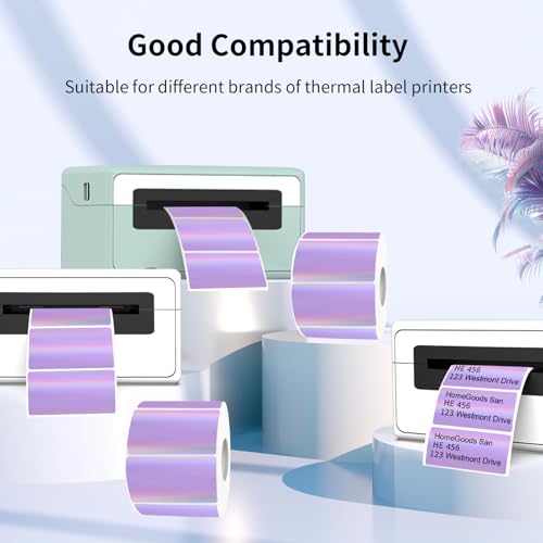 Direct Thermal Label 2x1 Inch- Barcode Labels- Holographic Thermal Sticker Labels for Address, Shipping, Compatible with Rollo Label Printer & MUNBYN& Zebra (300 Sheets/Purple) - color: Holographic Purple, size: 2"x 1"