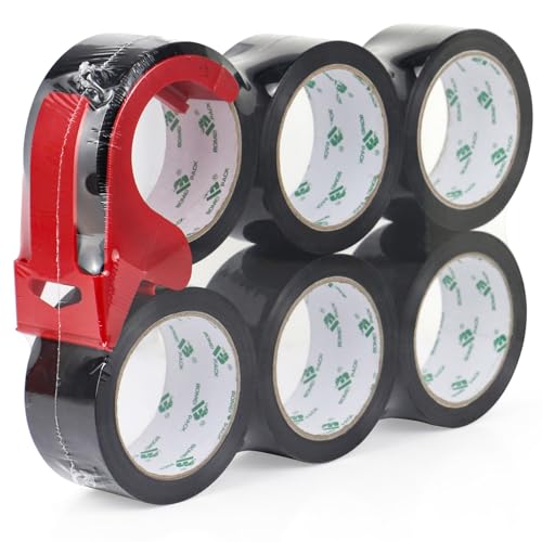 BOMEI PACK 6 Rolls Black Heavy Duty Packing Tape with red Dispenser, Packaging Tape 1.88 Inches x 60Yards, 2.5mil Industrial Shipping Tape for Moving Shipping, Office & Storage - color: Black
