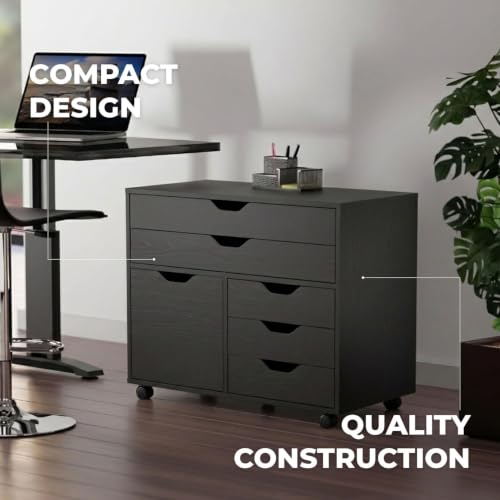 Winsome Halifax Mobile Storage Cabinet with 1 Large Door & 5 Drawers, Black - color: Black, style: 1 Door, 3 Drawers, 2 Wide Drawers