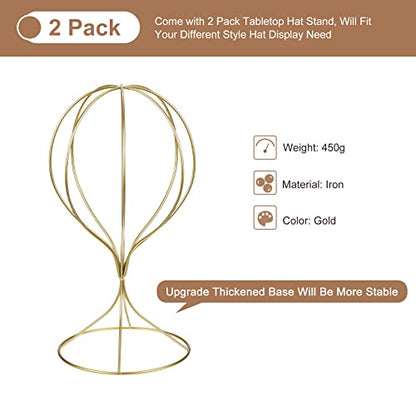 uxcell Metal Hat Display Stand 2 Pack Tabletop Hat and Wig Rack Modern Women Closet Holder for Baseball Cap, Fedora Hat, Cowboy Hat - Gold - color: Gold