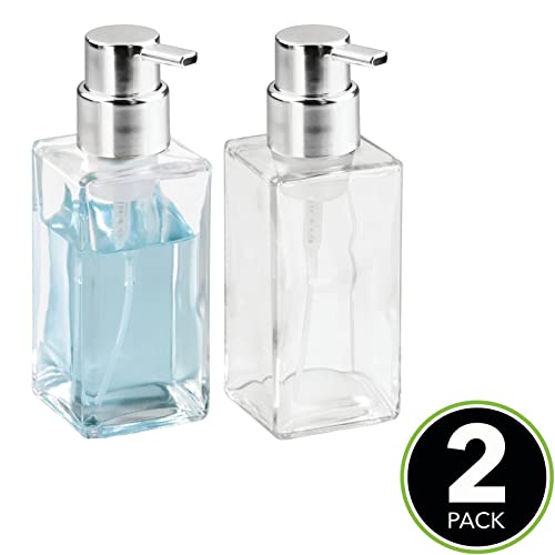 mDesign Glass Refillable Foaming Hand Soap Dispenser Modern Square Pump Bottle for Bathroom Vanities or Kitchen Sink, Countertops - 2 Pack - Clear/Chrome - color: Clear/Chrome