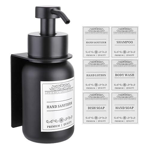 Black Glass Soap Dispenser Wall Mount for Bathroom with Pump and Drill-Free Holders - 8.5 Oz Hand Soap Dispenser, Shower Dispenser with Waterproof Labels - color: Black Set of 1