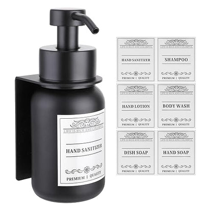 Black Glass Soap Dispenser Wall Mount for Bathroom with Pump and Drill-Free Holders - 8.5 Oz Hand Soap Dispenser, Shower Dispenser with Waterproof Labels - color: Black Set of 1