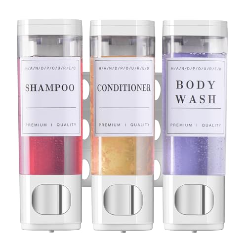 Shower Soap Dispenser Wall Mounted No Drill Shampoo Dispenser for Shower Wall Shampoo and Conditioner Dispenser Bathroom Hotel 3 * 350ml White with 3 Labels - color: White 3