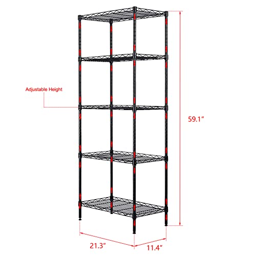 5-Tier Shelf, Adjustable Wire Metal Rack Shelving, Heavy Duty Standing Storage Shelves, Garage, Kitchen, Office, Bathroom, Shelfs Easy Assembly, 21" W x 11.4" D x 59" H, Black - color: Black, size: 5-tier 21.25"W x 11.42"D x 59.06"H