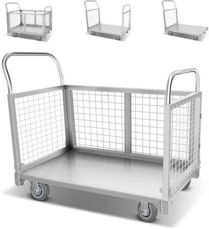 Platform Truck Cart with Cage, 5-in-1Heavy Duty Flatbed Cart, Load 3500LBS with 5" Swivel Casters, Multi-Functional Push Cart for Grocery, Laundry, Pantry, Shelving