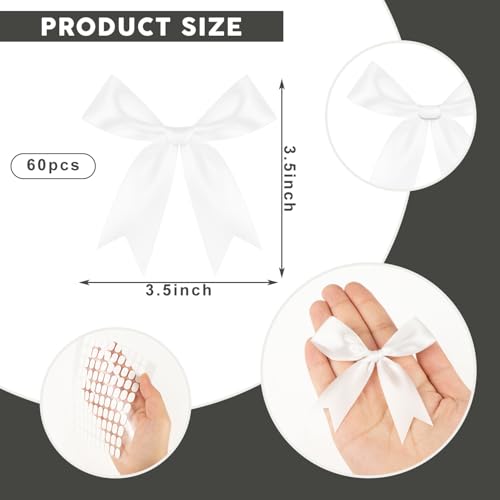 White Bows 60Pcs 3.5Inch Pre-Tied Satin Bows Ribbon with Adhesive Dots - color: White, size: 60 PCS