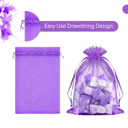 FUNFERY 100Pcs Purple Organza Bags 5x7 in,Small Mesh Drawstring Gift Bag - color: Dark Purple