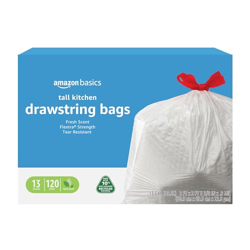 Amazon Basics 13 Gallon Tall Kitchen Drawstring Trash Bags, Flextra Strength, Clean Fresh Scent, Tear Resistant, 0.9 mil Thickness, 10% Post Consumer Recycled, 120 Count - size: 1 Count (Pack of 120)