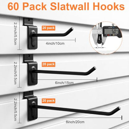 Slatwall Hooks 60 Pack Three Sizes 4/6/8 Inch Slat Wall Hanging Hook