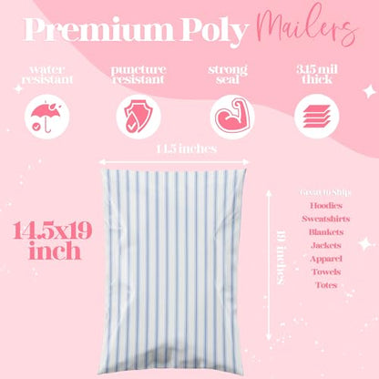 Pretty Package Store Poly Mailers 14.5x19, Blue Stripe, 100 Pack - color: Blue Stripes, size: 14.5x19