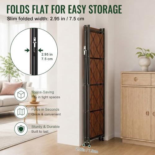 black leopard 5-Tier Foldable Shelf with Wheels, Wood-Grain Steel Shelves