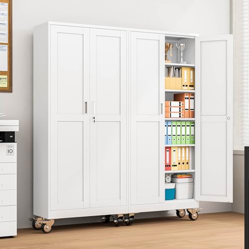 pozdeg 75" White Lockable Rolling Metal Garage Storage Cabinet - color: White, size: 15.75"D x 31.5"W x 75"H