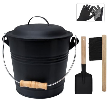 Poofzy Ash Bucket for Fireplace, 1.3 Gallon Ash Bucket with lid for Wood Stove, Includes Shovel, Broom and Gloves Indoor & Outdoor - size: 1.3 Gallon (Black)