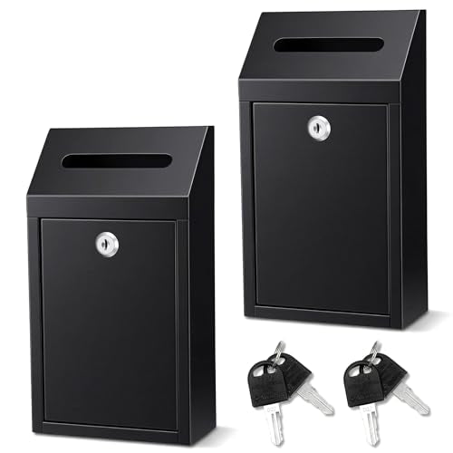 2-Pack Metal Donation Box with Lock, Wall Mounted Mailboxes for Outside, Secure Cash Drop & Suggestion Boxes with Keys, Black Collection Box for Home Office Business (10.24x5.71x2.95 Inch)