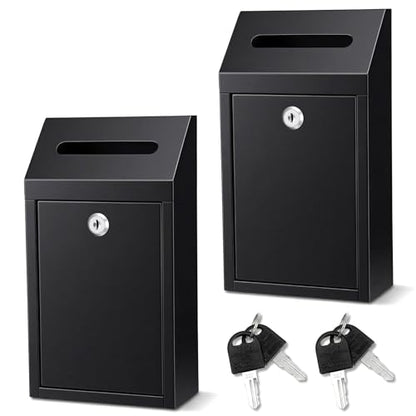 2-Pack Metal Donation Box with Lock, Wall Mounted Mailboxes for Outside, Secure Cash Drop & Suggestion Boxes with Keys, Black Collection Box for Home Office Business (10.24x5.71x2.95 Inch)