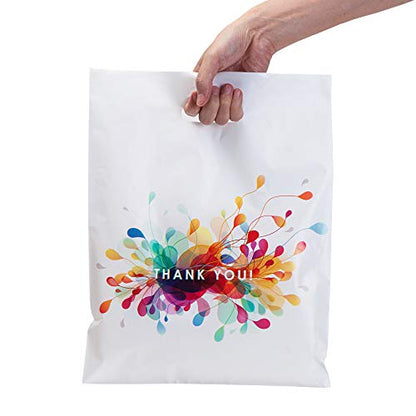 Thank You Bags for Business with Handles 12x15 (100 Count, White) - Plastic Shopping Retail Bags for T Shirts