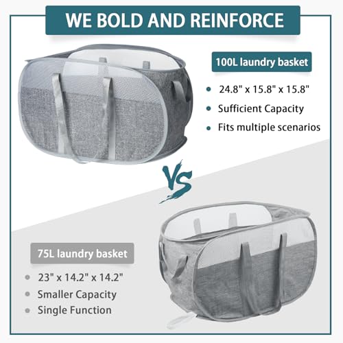 100L Collapsible Laundry Baskets, Tear Proof Pop Up Laundry Hamper with Dual Handles, Large Foldable Laundry Basket, Easy to Carry Laundry Hamper for Home, Laundry Room, Bedroom, Dorm, Travel Grey - color: 100L-1x-Gray