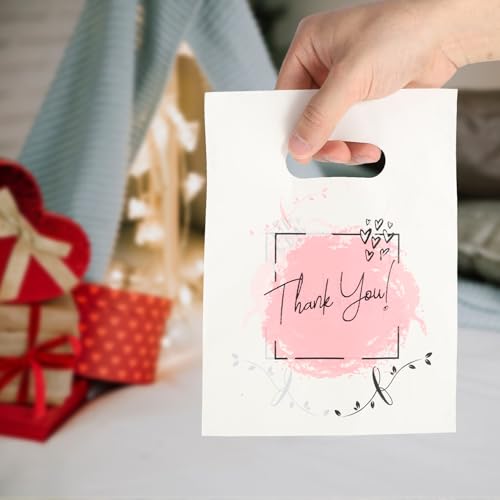 COMNICO 100PCS Thank You Plastic Shopping Bag with Handle, Thank You Bags