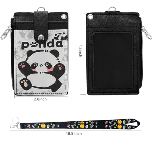 Cute ID Badge Holder with Detachable Lanyard, PU Leather Wallet & Key Ring - color: Panda-black