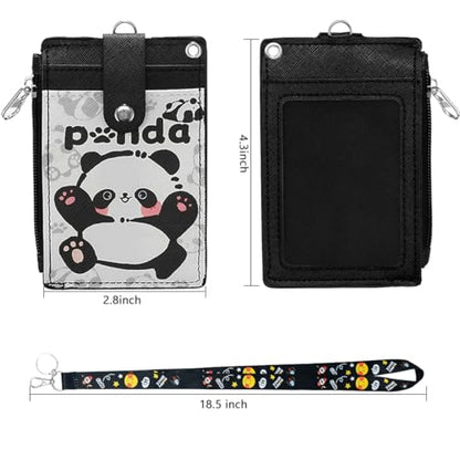 Cute ID Badge Holder with Detachable Lanyard, PU Leather Wallet & Key Ring - color: Panda-black