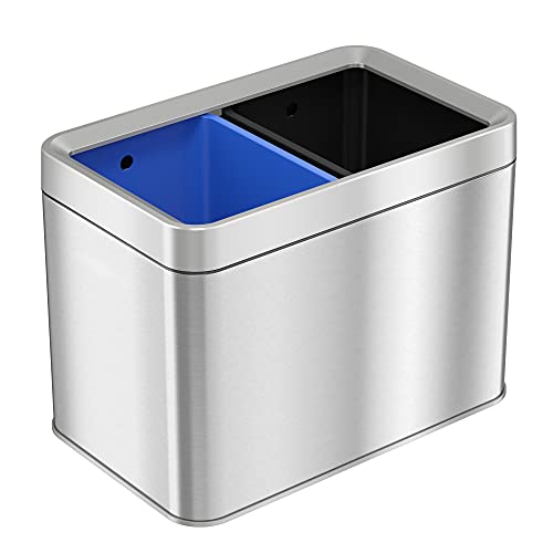 iTouchless 20 Liter / 5.3 Gallon Open Top Waste Trash Can & Recycle Bin with 2 Recycle Stickers, Dual Compartment Slim Stainless Steel Container - color: Silver with Black and Blue, 5.3 Gal