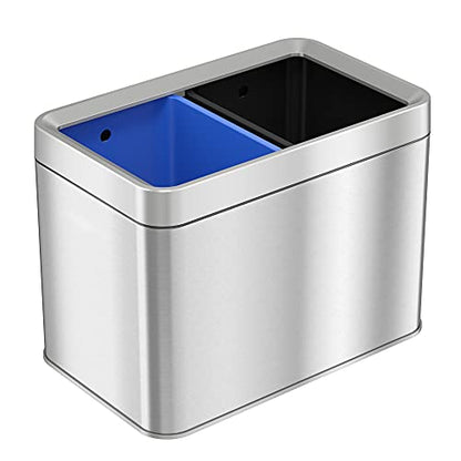 iTouchless 20 Liter / 5.3 Gallon Open Top Waste Trash Can & Recycle Bin with 2 Recycle Stickers, Dual Compartment Slim Stainless Steel Container - color: Silver with Black and Blue, 5.3 Gal