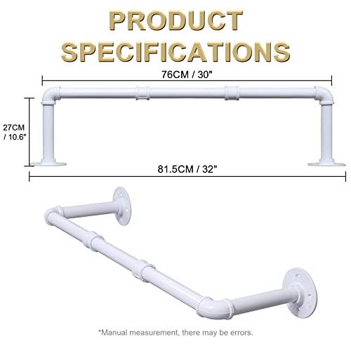 White Industrial Pipe Clothing Rack, 30 Inch Pipe Clothes Rack, Wall Mounted Detachable Garment Bar, Heavy Duty Iron Hanging Rod for Closet Storage - color: White