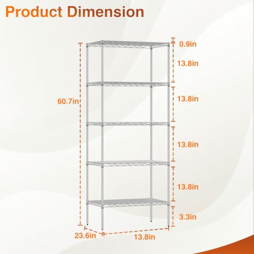 BestOffice | 5-Tier Wire Shelf | 14" x 24" x 60" | Chrome - color: Chrome, size: 14"D x 24"W x 60"H