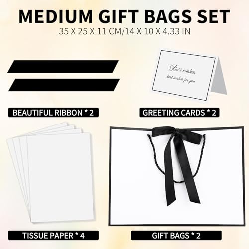 woric 2 Pcs White Gift Bags, 14" Medium Wedding Gift Bag with Tissue Paper - color: White with Black Edge