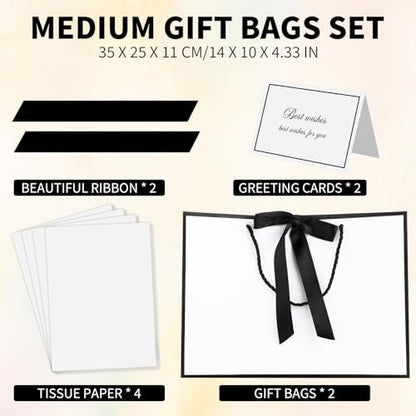 woric 2 Pcs White Gift Bags, 14" Medium Wedding Gift Bag with Tissue Paper - color: White with Black Edge