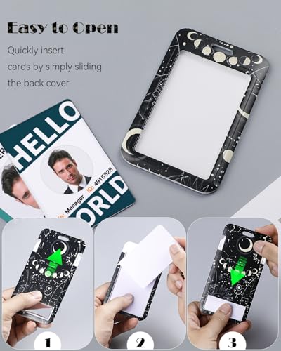 Uniclife Fashionable Sliding Badge Holder, Moon & Planets Plastic Card Holder with Retractable Badge Reel Carabiner & Detachable Lanyard, Vertical Card Protector for Office Worker Teacher Student - color: Moon & Planets
