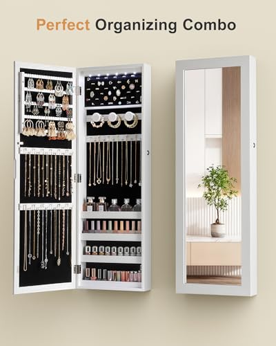 Nicetree 6 LEDs Jewelry Armoire, Hanging Mirror Jewelry Cabinet, White - color: White