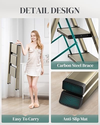 3 Step Ladder, Foldable Aluminum Step Stool with Anti-Slip Pedal - color: Champagne Gold, size: 3 Step