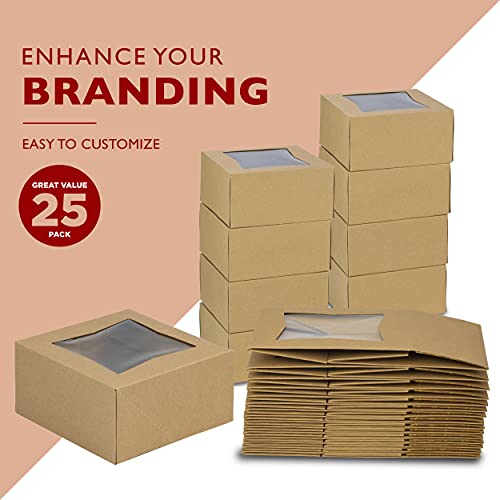 Fit Meal Prep 25 Pack Bakery Boxes with Window 6x6x3 Kraft Cake Box Cardboard Bakery Packaging for Cupcake, Cookies and Pastry, Auto-Popup Treat Box Charcuterie Box for Valentine's Day, Christmas - color: Brown