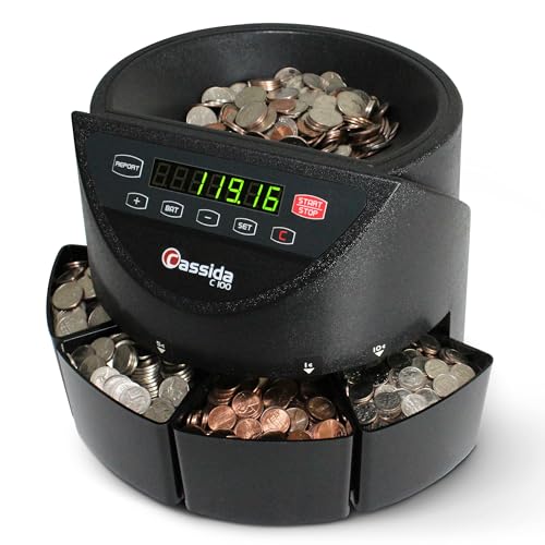 Cassida C100 Electronic Coin Sorter/Counter, Countable coins 1¢, 5¢, 10¢, 25¢, 250 coins/min, 110 VAC - size: Small (250 coins)