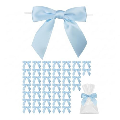 50 Pcs Baby Blue Satin Ribbon Twist Tie Bows, 2.75 Inch Pre-Tied Mini Bows with Wire for Baby Shower & Gift Wrapping - color: Baby Blue