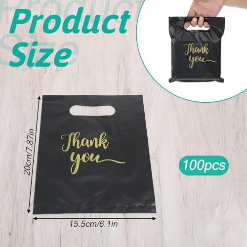 100 Pcs 5.7✕7.6 Inch Small Thank You Bags Black Thank You Bags Plastic Shopping Bag with Handles for Small Business Retail Boutique Gifts Stores(Black)