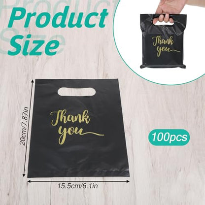 100 Pcs 5.7✕7.6 Inch Small Thank You Bags Black Thank You Bags Plastic Shopping Bag with Handles for Small Business Retail Boutique Gifts Stores(Black)