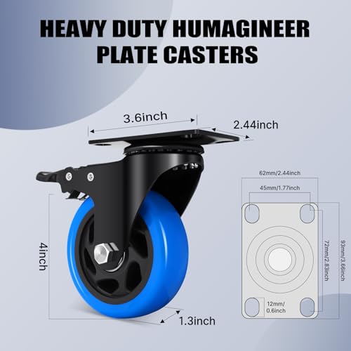 4 Inch Swivel Casters Set of 4, 1800 Lbs Heavy Duty Caster Wheels, Dual-Locking Castors with Brake, No Noise Top Plate Wheels for Furniture, Workbench and Carts (Free Hardware Kits) - size: 4inch